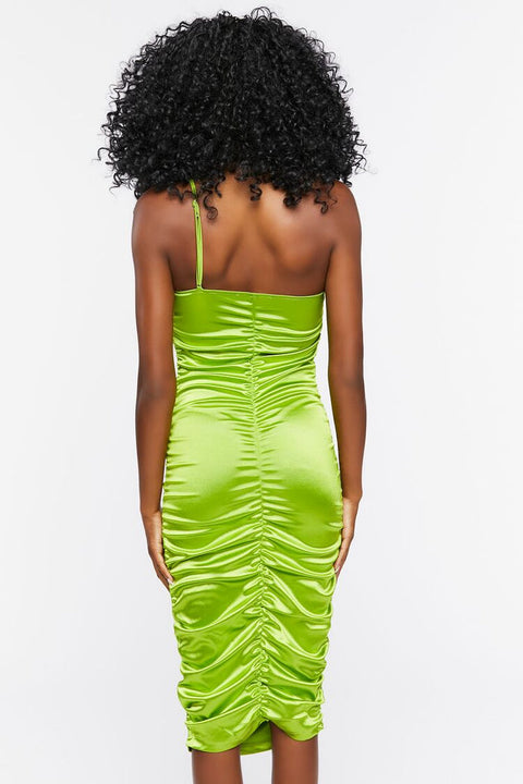 Forever 21 Women's Green Satin Ruched 1 Way Strap Midi Dress | Forever 21 In Lebanon