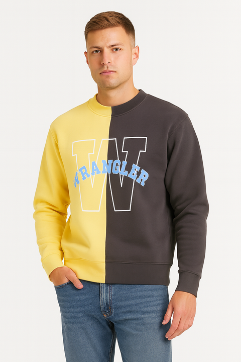 Wrangler Men's Yellow & Gray 2 Way Logo Crew Neck Long Sleeve Sweatshirt | Wrangler In Lebanon