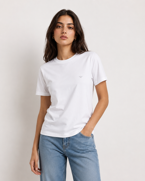 Emporio Armani Women's White Logo Embroidered T-Shirt | Emporio Armani In Lebanon