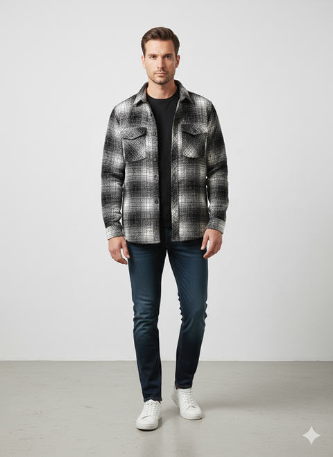 Redefined Rebel Men's Black & White Checkered Double Pocket Comfort Fit Shacket | Redefined Rebel In Lebanon