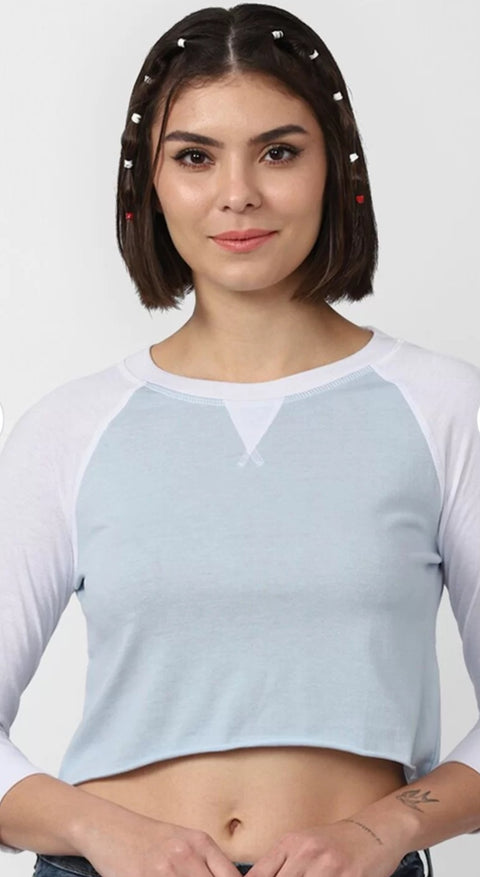 Forever 21 Women's White & Baby Blue Long Sleeve Crew Neck Blouse | Forever 21 In Lebanon