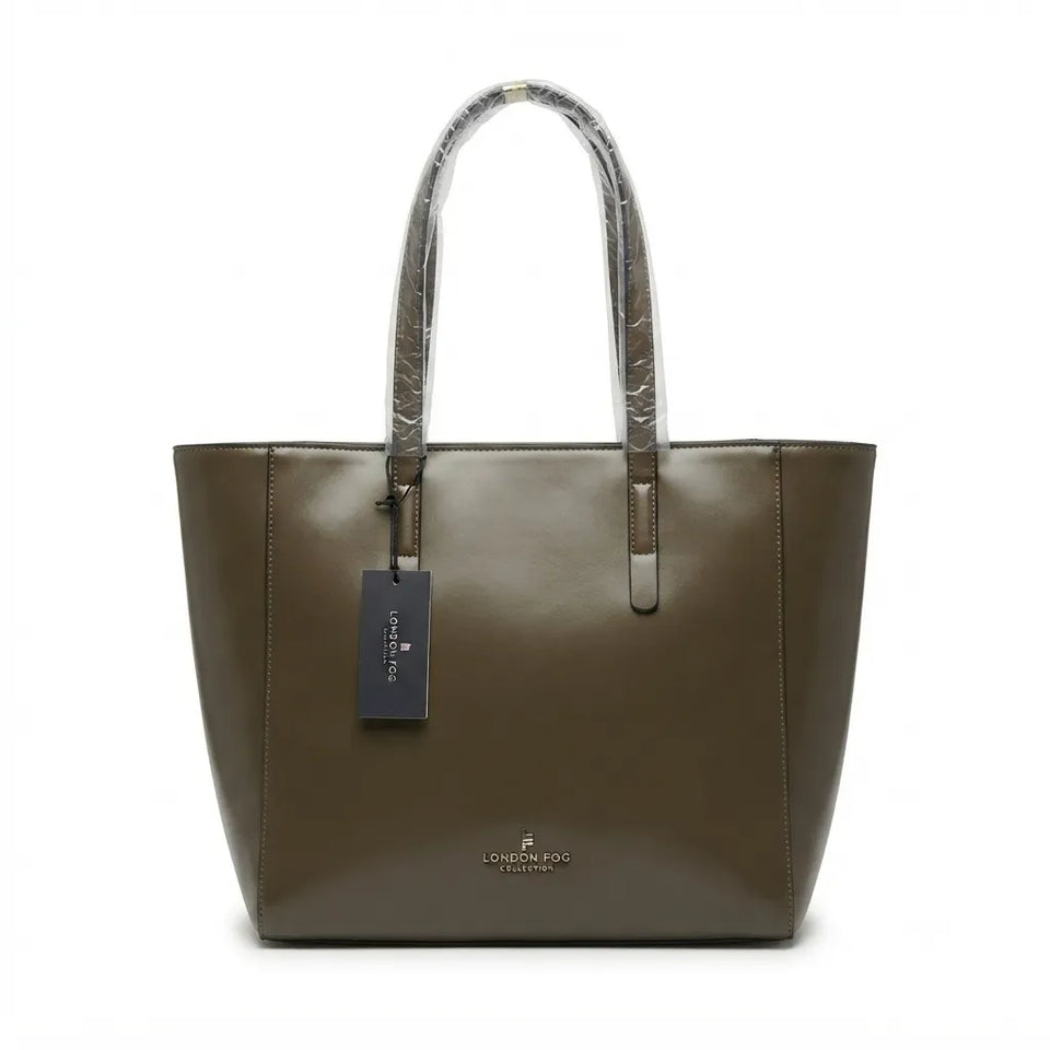 An olive green leather tote bag with dark gray handles, featuring a hanging brand tag and a small gold logo on the front, set against a plain white background.