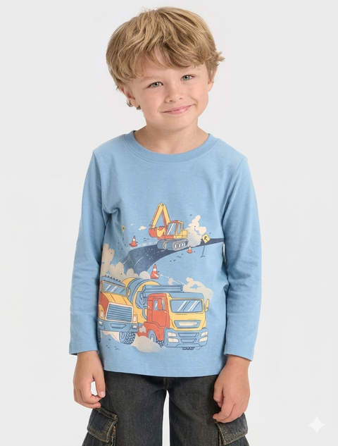 Cat & Jack Boy's Dusty Blue Long Sleeve Construction Vehicles Graphic Blouse | Cat & Jack In Lebanon