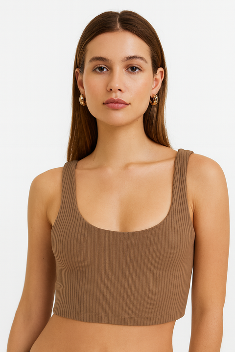 Forever 21 Women’s Brown Ribbed Round Neck Sleeveless Crop Top  |Forever 21 In Lebanon