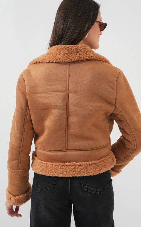 Big Dart Women's Camel Double Breasted Faux Fur Leather Coat | Big Dart In Lebanon