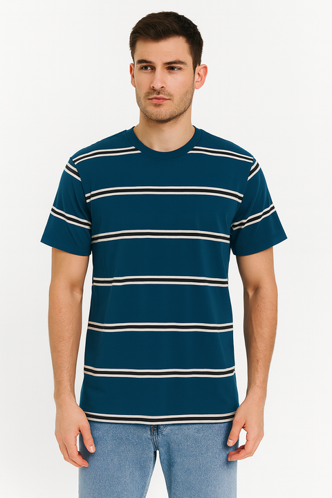 Forever 21 Men's Petrol Striped Crew Neck T-Shirt | Forever 21 In Lebanon