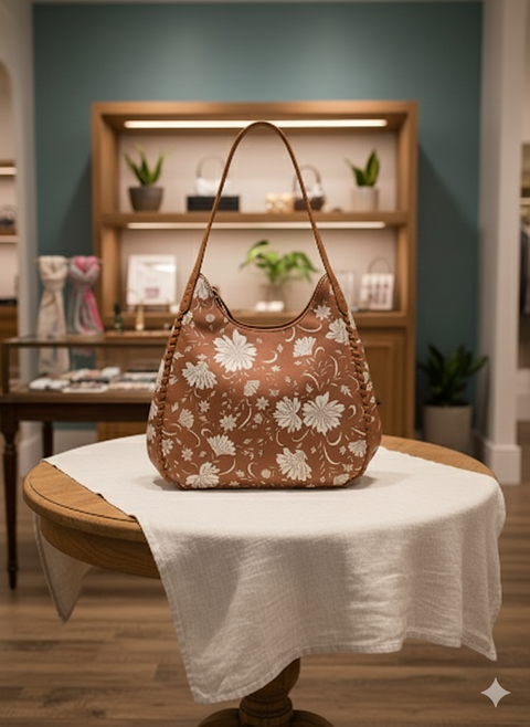 Style & Co Women's Camel Leather Whipstitch Floral Printed Medi Floral Shoulder Bag | Style & Co In Lebanon