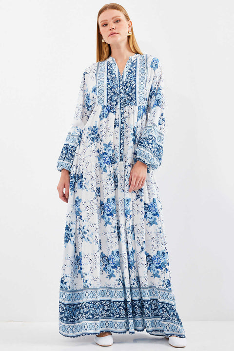 Big Dart Women's White & Blue Floral Long Sleeve Maxi Dress | Big Dart In Lebanon