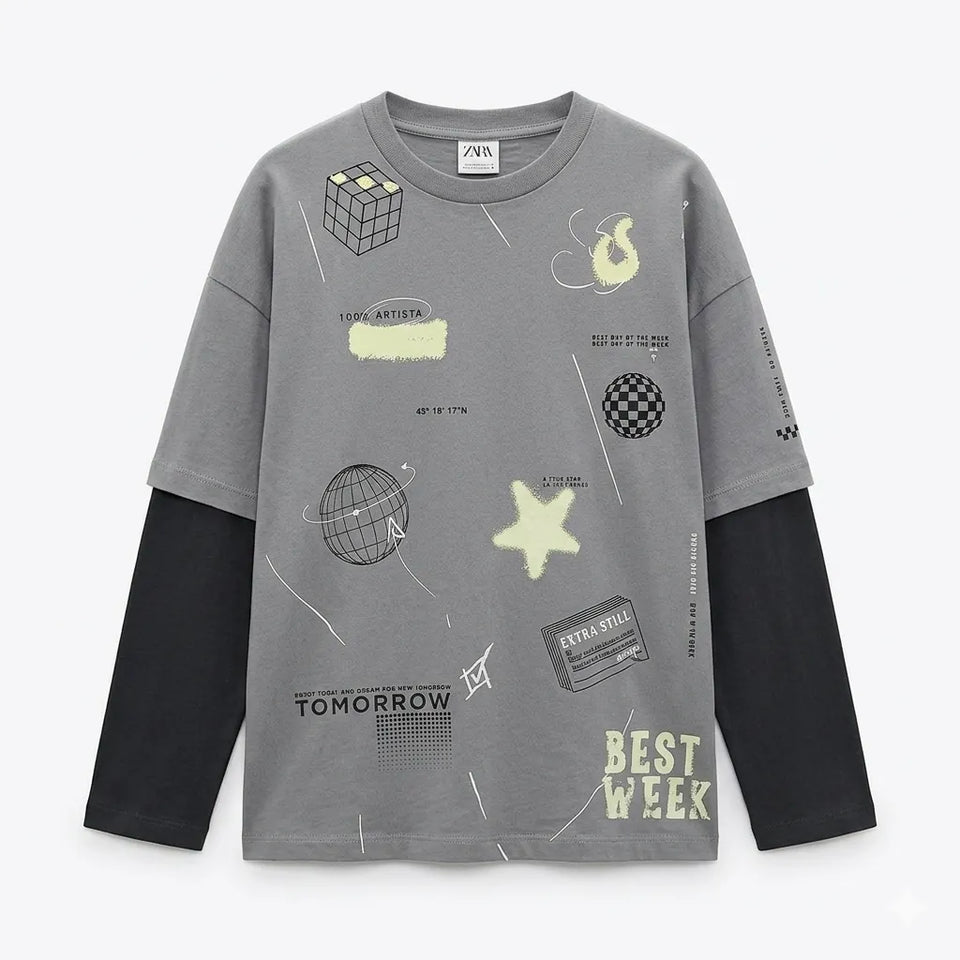 Zara Boy's Gray Printed Layered Look Silhoutte Long Sleeve Blouse|Zara in Lebanon