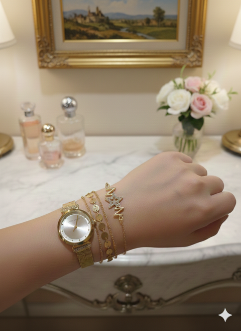 Laura Ashley Women's Gold 4 Pcs Bracelet Collection With Mesh Watch | Laura Ashley In Lebanon