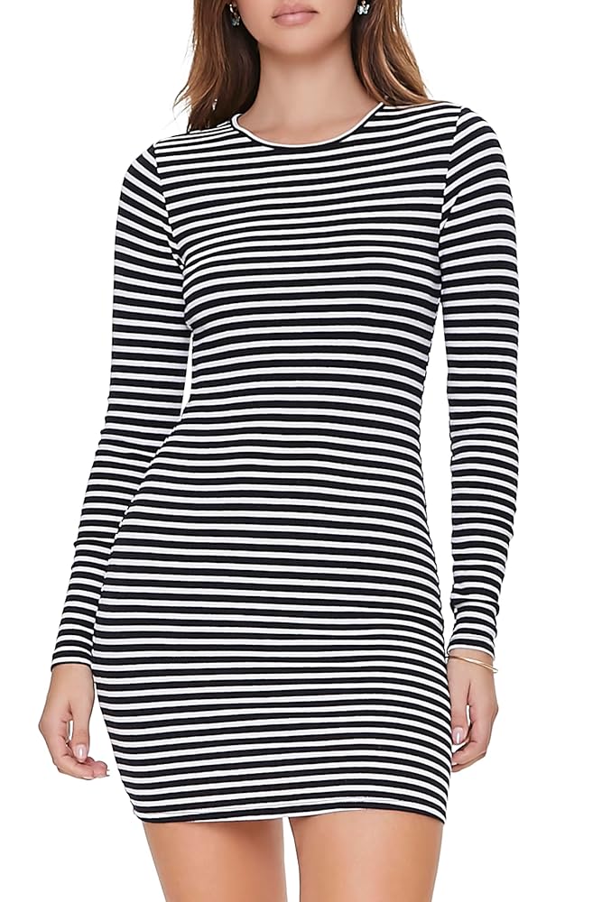 Forever 21 Women's Black & White Ribbed Crew Neck Long Sleeve Midi Dress |Forever 21 In Lebanon