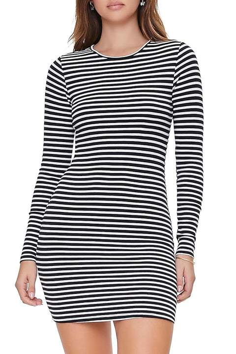 Forever 21 Women's Black & White Ribbed Crew Neck Long Sleeve Midi Dress |Forever 21 In Lebanon
