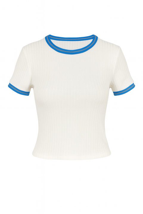 Forever 21 Women's White & Blue Ribbed Short Sleeveless Round Neck  T-Shirt | Forever 21 In Lebanon
