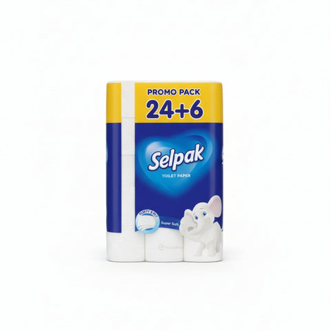 Selpak toilet paper package with 'Promo Pack 24+6' text on a cardboard box.