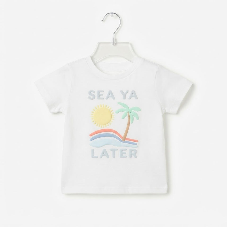 First Impression Baby Boy's White Multi Beach Printed T-Shirt