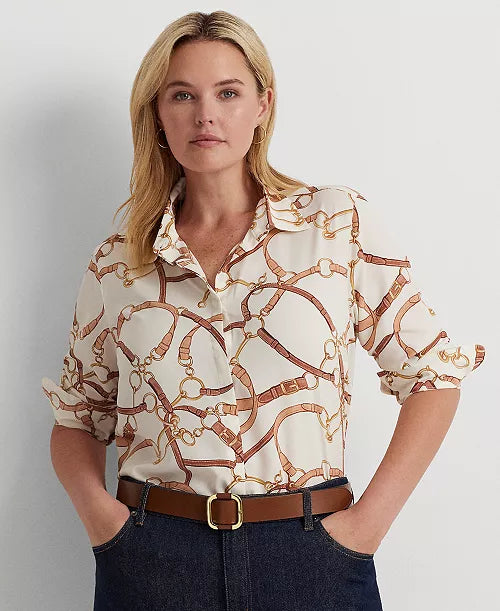 Lauren Ralph Lauren Women's White/Brown Belting-Print Shirt | Lauren Ralph Lauren In Lebanon