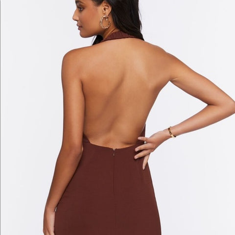 Forever 21 Women's Brown Halter Neck Open Back Sleeveless Mini Dress | Forever 21 In Lebanon