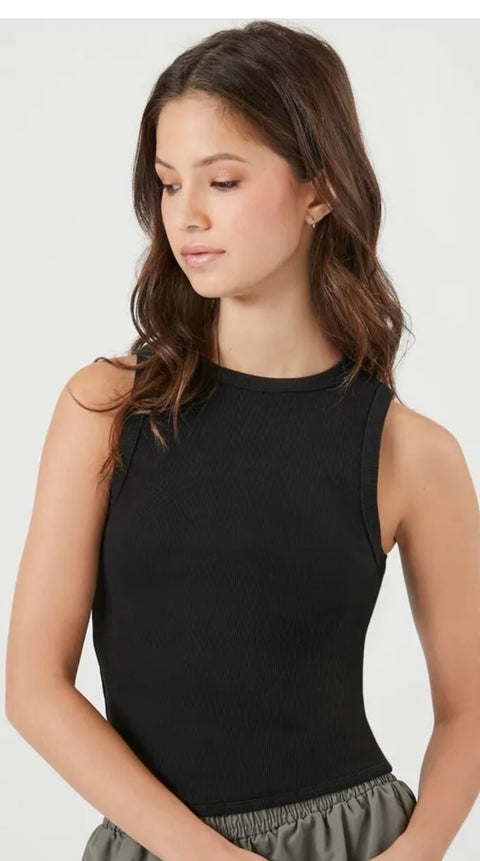 Forever 21 Women's Black Round Neck Tank Top | Forever 21 In Lebanon