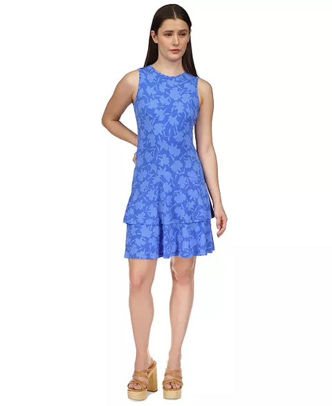Michael Kors Women's Blue Sleeveless Floral Flounce Dress | Michael Kors In Lebanon