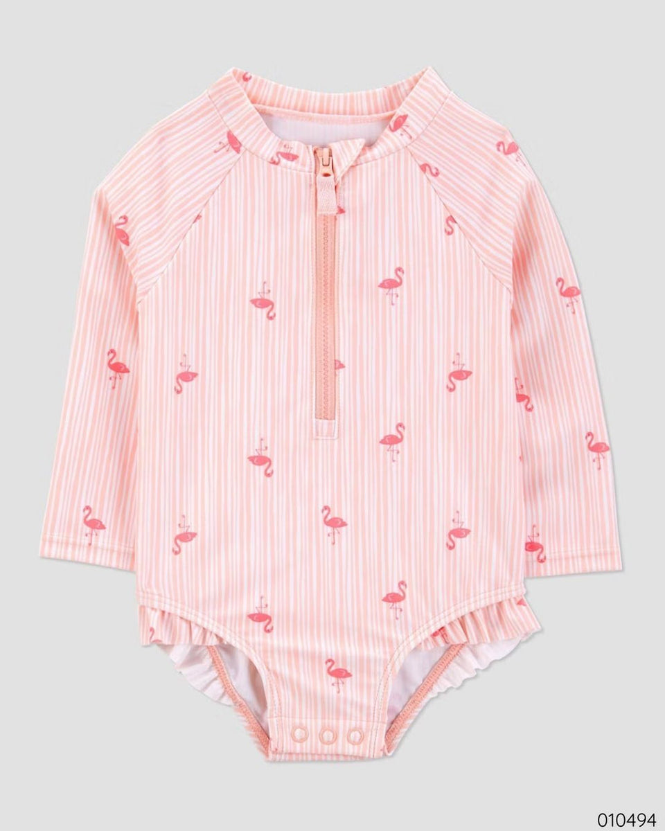 Pink flamingo-patterned swimsuit on a gray background