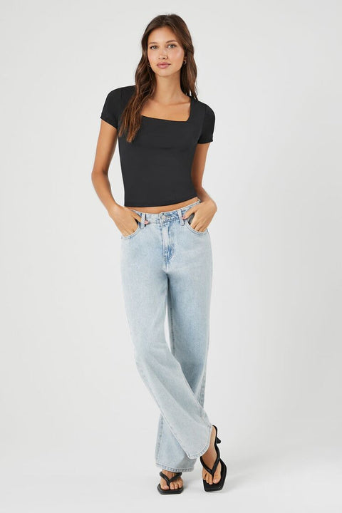 Forever 21 Women's Black Short Sleeve Squared Top | Forever 21 In Lebanon