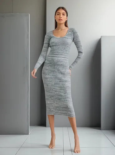 Forever 21 Women's Green & White Ripped Round Neck Long Sleeve Midi Dress |Forever 21 In Lebanon