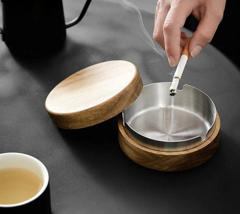 Hino Stainless Steel Ashtray With Bamboo Base And Lid DM-20 | Hino In Lebanon