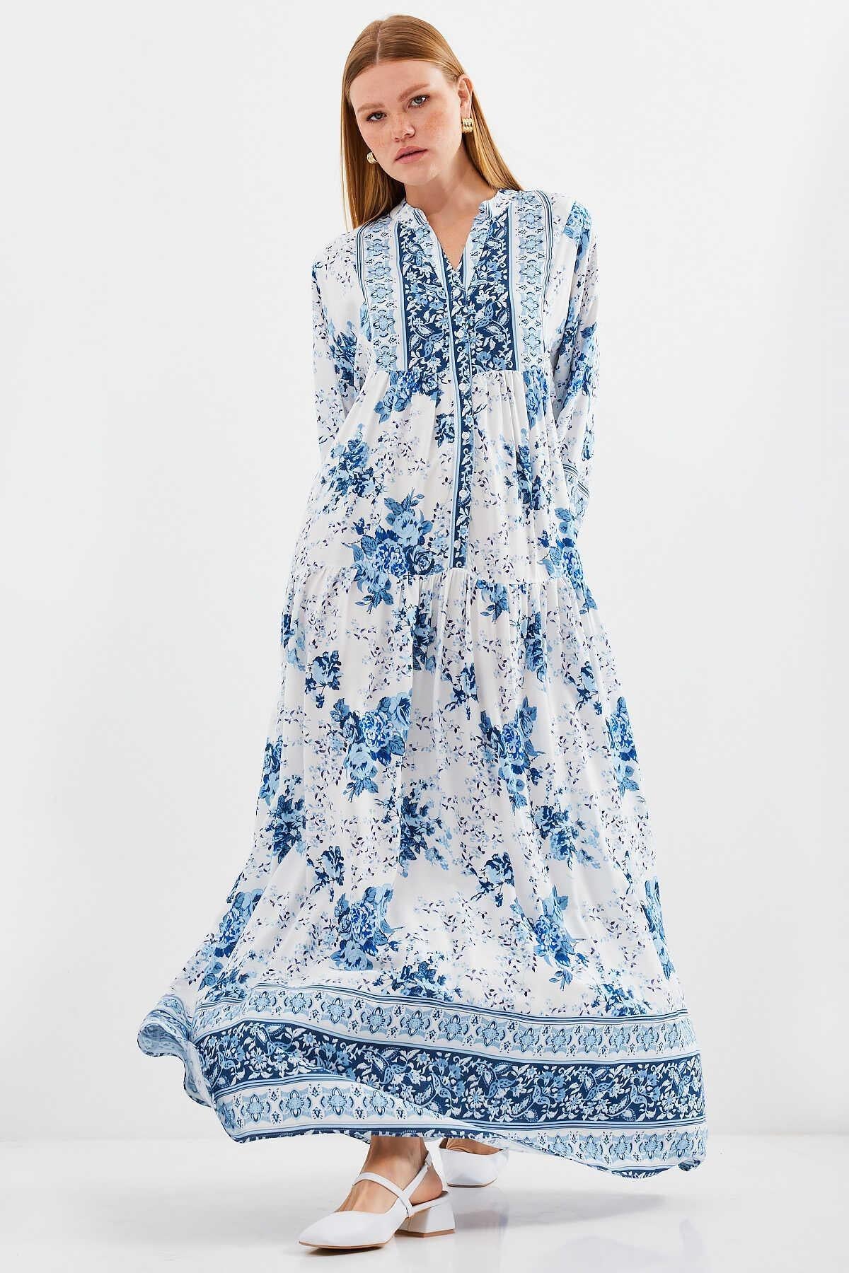 Big Dart Women's White & Blue Floral Long Sleeve Maxi Dress | Big Dart In Lebanon