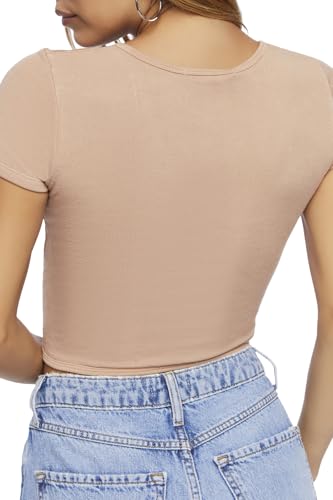 Forever 21 Women's Tan Short Sleeve V Neck Crop Top | Forever 21 In Lebanon