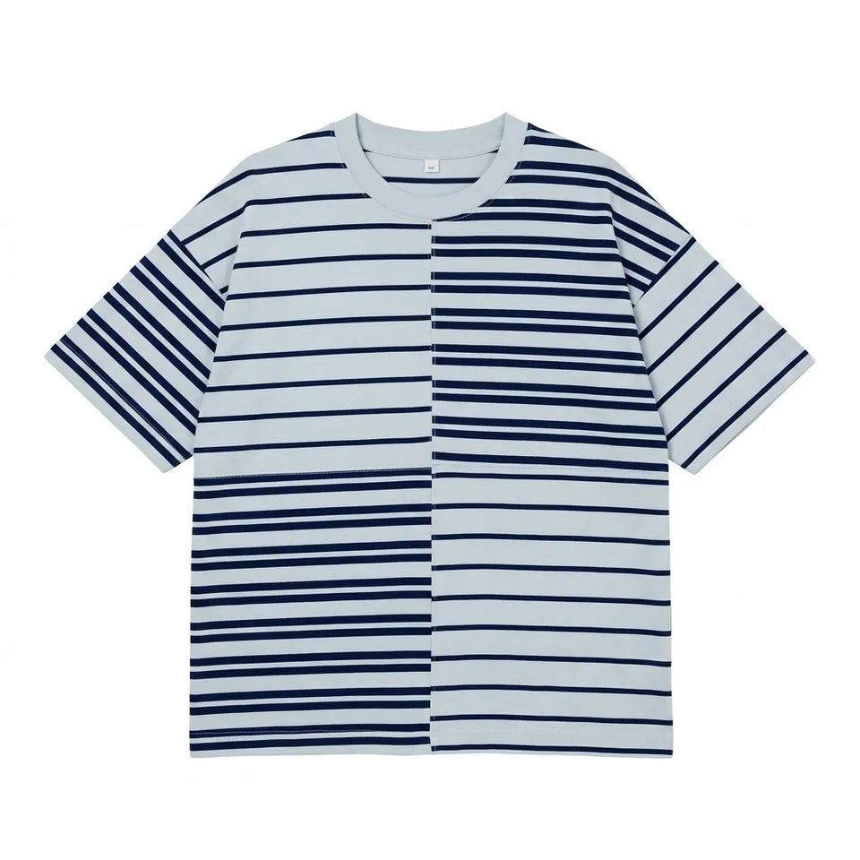 Zara Boy's Light Blue & Navy Color Block Paneled Striped Crew Neck T-Shirt|Zara In Lebanon