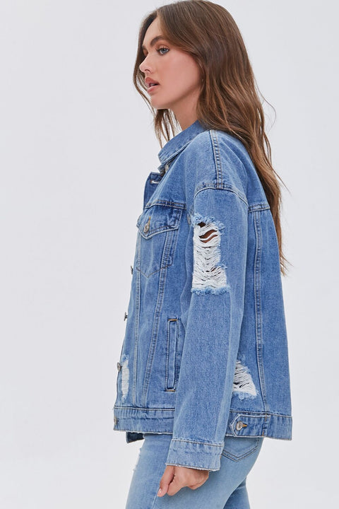 Forever 21 Women's Light Blue Ripped Denim Jacket | Forever 21 In Lebanon