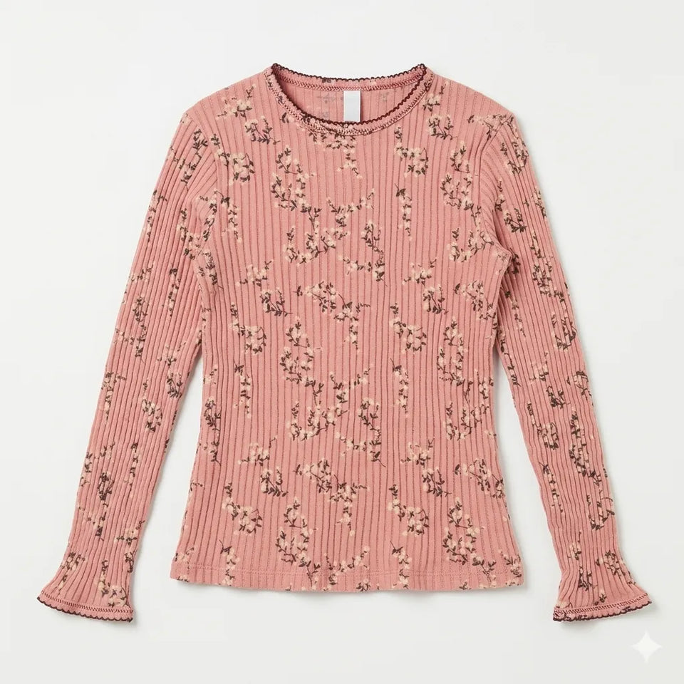 Zara Girl's Pink Floral Ribbed Crew Neck Long Sleeve Blouse|Zara in Lebanon