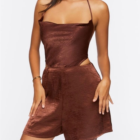 Forever 21 Women's Dark Brown Open Back Halter Neck Romper | Forever 21 In Lebanon