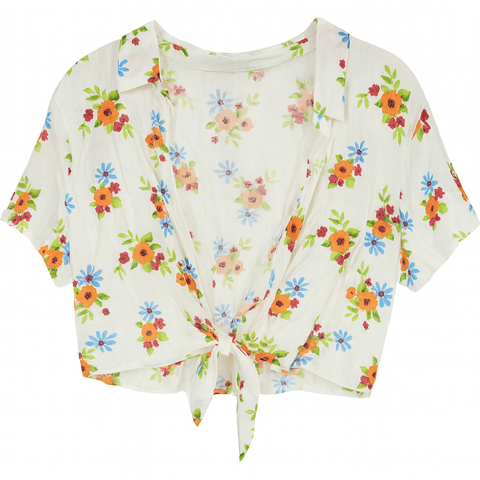 Forever 21 Women’s White Floral Printed Short Sleeve Tie Front Cropped Blouse |Forever 21 In Lebanon