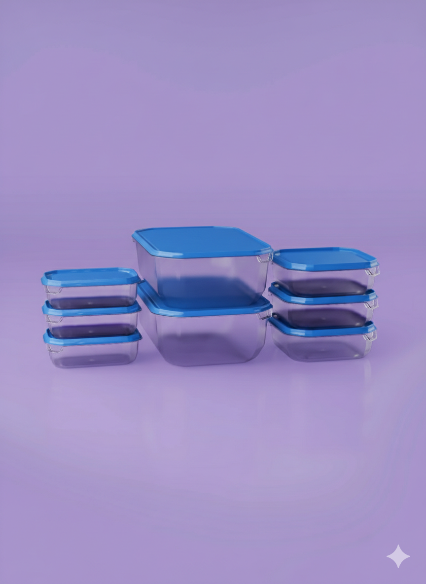 Set of glass food storage containers with blue lids on a purple background