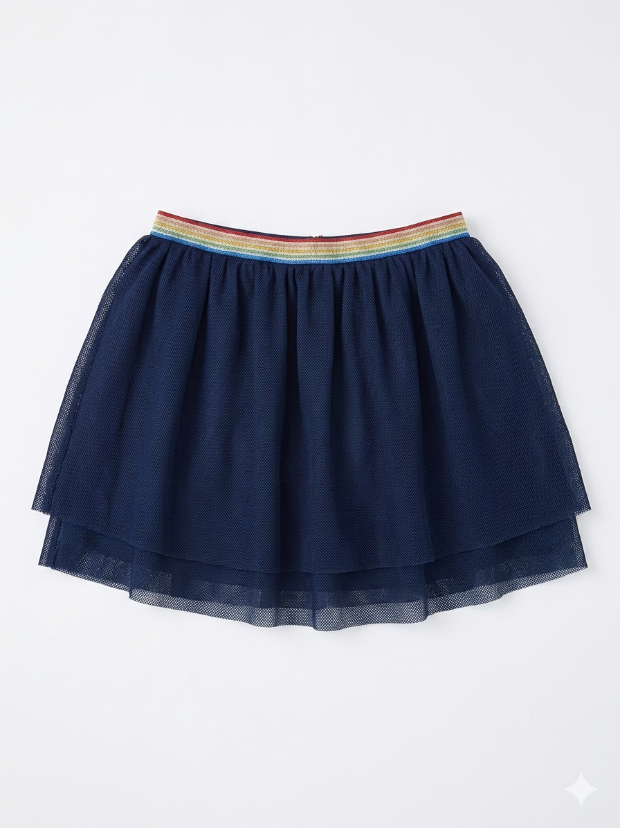 Top Top Girl's Navy Blue Mesh Tutu Skirt with Glitter Rainbow Elastic Waistband|Top Top In Lebanon