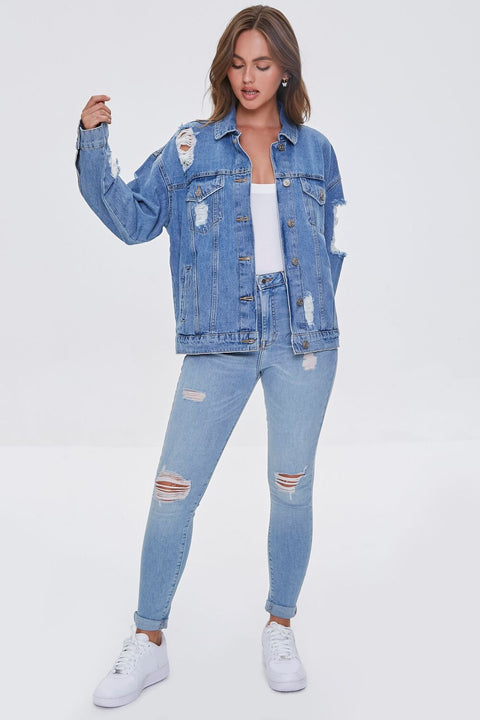 Forever 21 Women's Light Blue Ripped Denim Jacket | Forever 21 In Lebanon