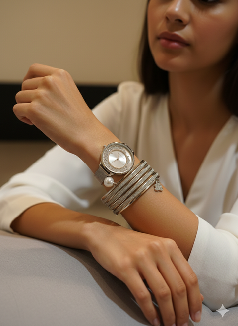 Laura Ashley Women's Sliver 7 Pcs Glitter Bangles With Mesh Watch | Laura Ashley In Lebanon