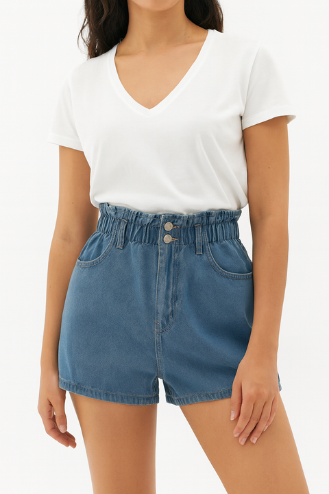 Forever 21 Women's Blue Paperbag Cinched Waist Denim Short |Forever 21 In Lebanon