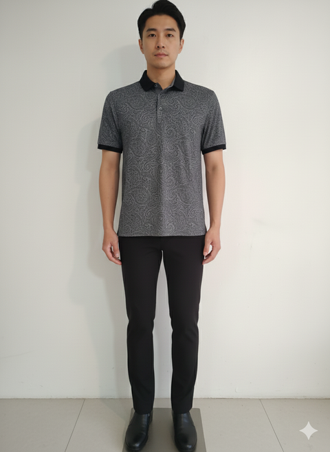 Dunmore Men's Navy & Gray Paisley Print Polo Neck T-Shirt | Dunmore In Lebanon