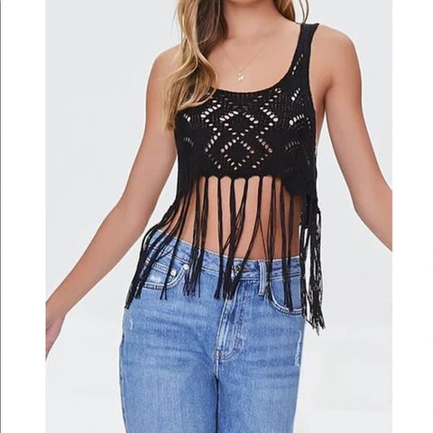 Forever 21 Women's Black Knitted Sleeveless Fringe Trim Crop Top |Forever 21 In Lebanon