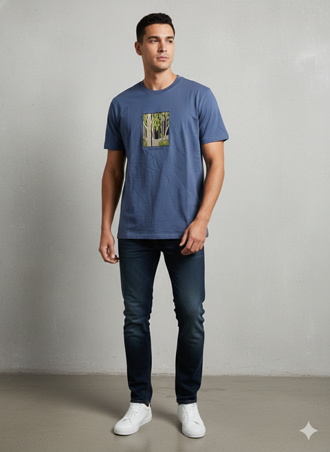 Jack & Jones Men's Nightshadow Blue Jorportland Lino Front Print Crew Neck T-Shirt | Jack & Jones In Lebanon