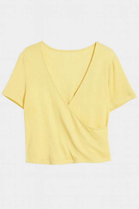 Forever 21 Women's Yellow Ribbed Faux Wrap Top | Forever 21 In Lebanon
