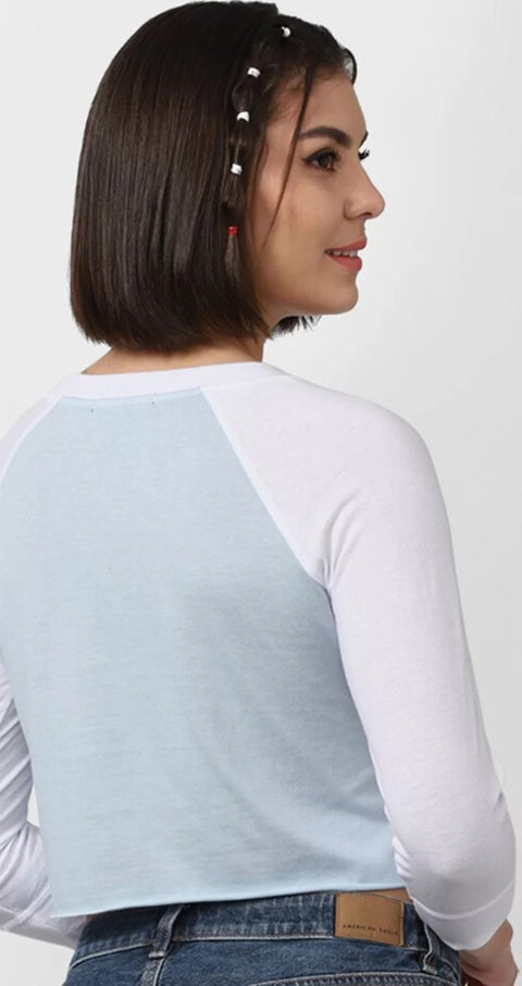 Forever 21 Women's White & Baby Blue Long Sleeve Crew Neck Blouse | Forever 21 In Lebanon