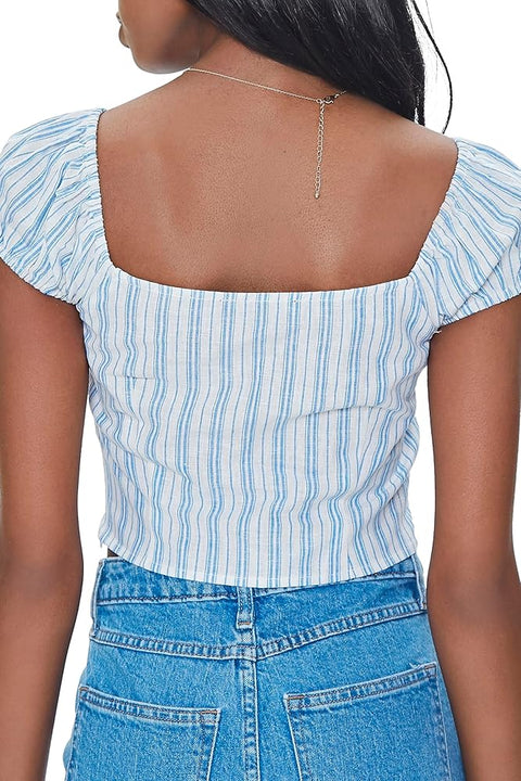 Forever 21 Women's White & Blue Striped Ruffle Short Sleeve Top | Forever 21 In Lebanon