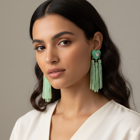 On 34th Women's Green Crystal Heart & Beaded Fringe Drop Earrings | ON 34TH In Lebanon