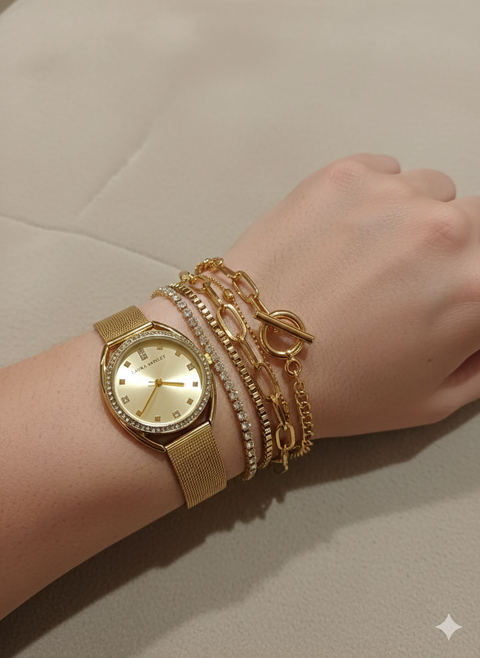 Laura Ashley Women's Gold 5 Pcs Layered Bracelet Set With Watch | Laura Ashley In Lebanon