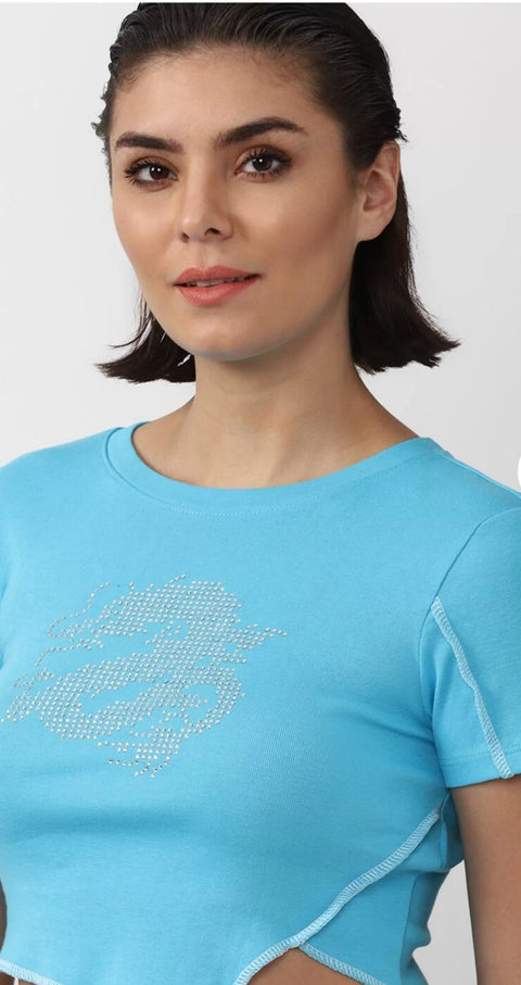 Forever 21 Women's Blue Crew Neck Short Sleeve Rhinestone Blouse | Forever 21 In Lebanon
