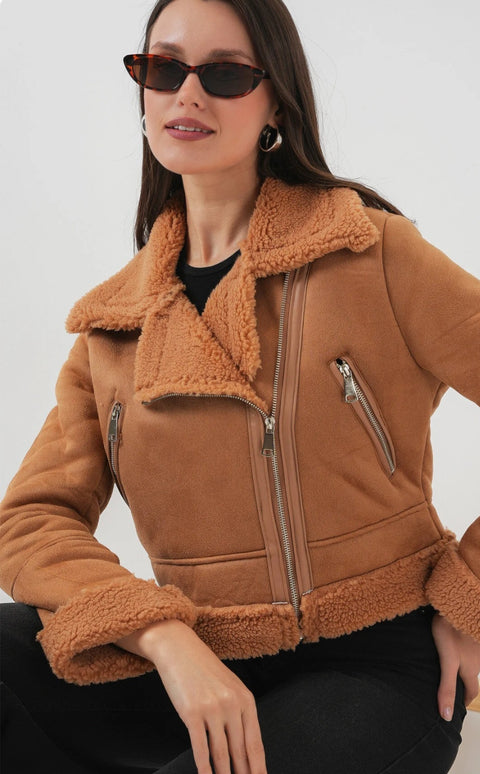 Big Dart Women's Camel Double Breasted Faux Fur Leather Coat | Big Dart In Lebanon
