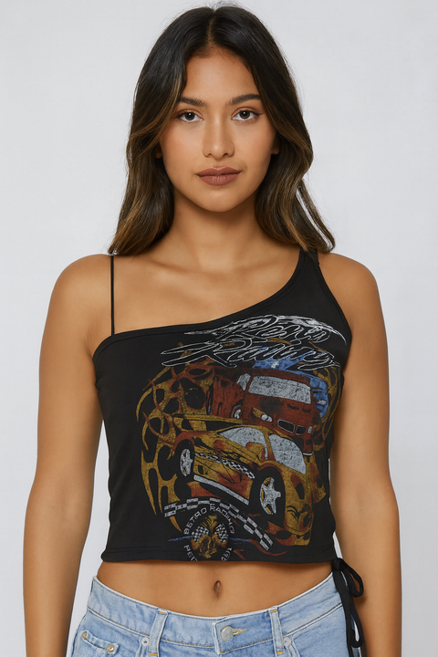 Forever 21 Women's Black Car Graphic One Way Sleeve Blouse | Forever 21 In Lebanon